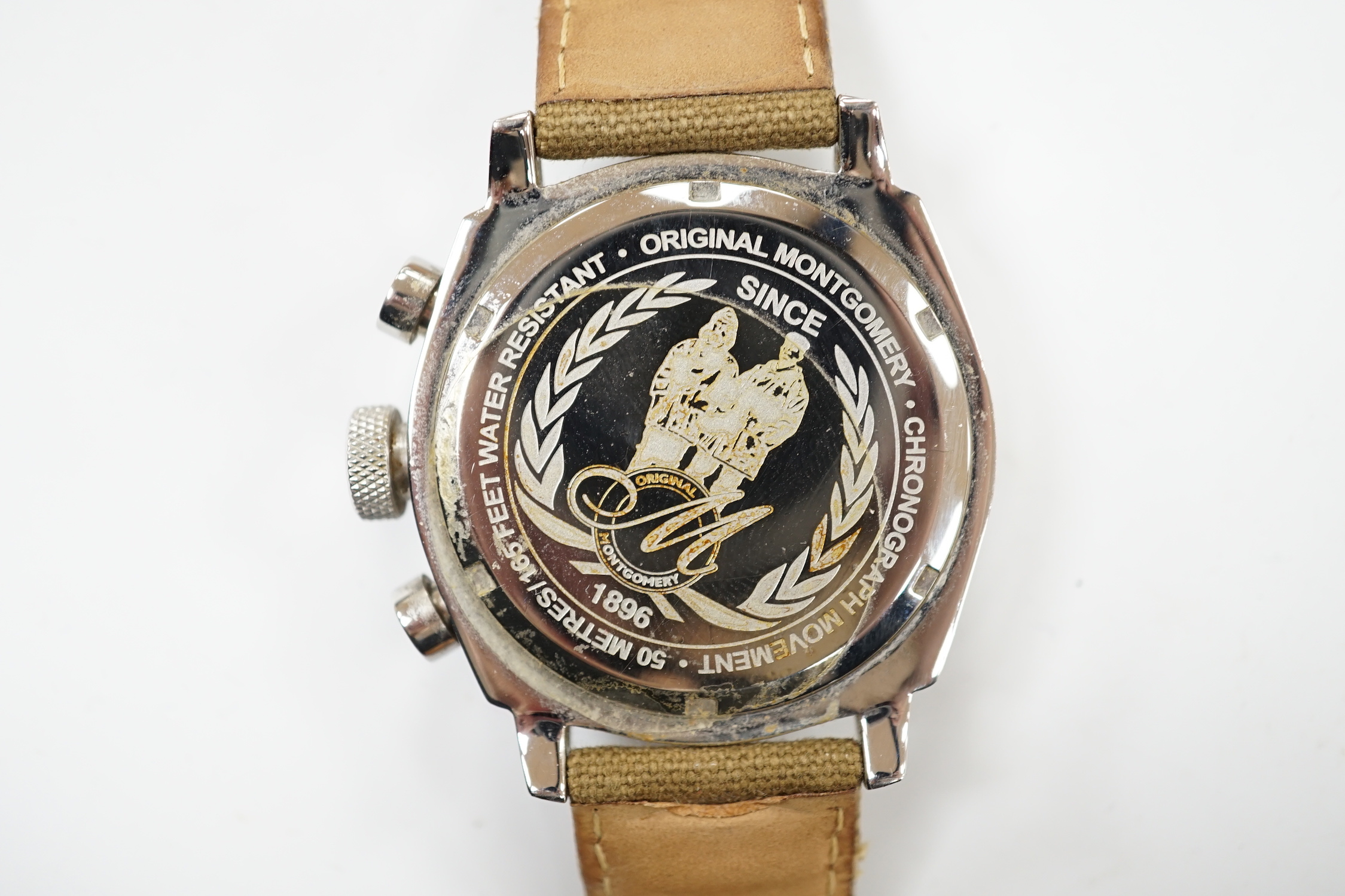 A gentleman's modern stainless steel 'Original Montgomery' chronograph quartz wrist watch, on a fabric and leather strap, design based on a model used by the British Army during WWII.